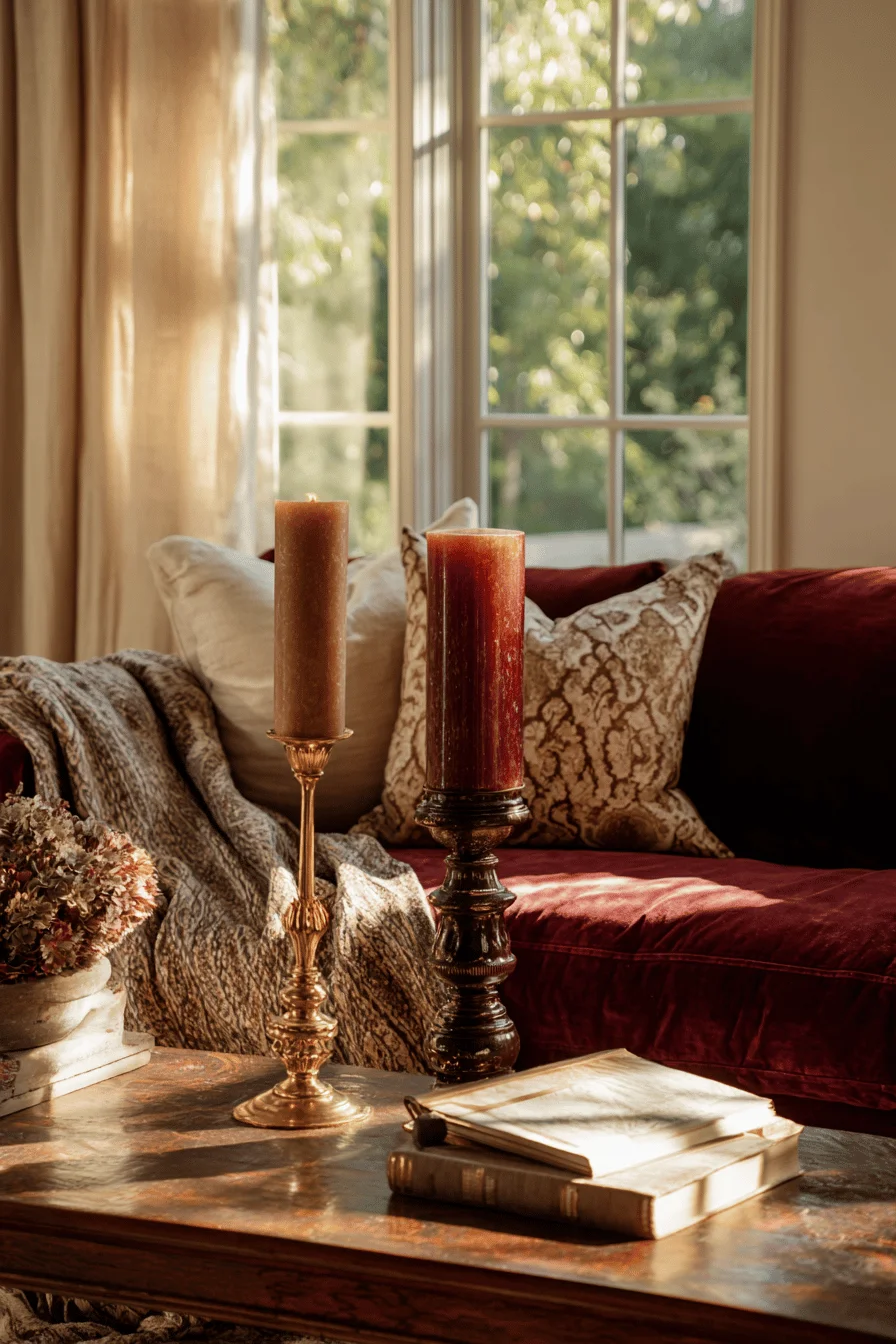 living room designs showcasing fall apartment decor with mahogany furniture and golden hour sunlight streaming through windows