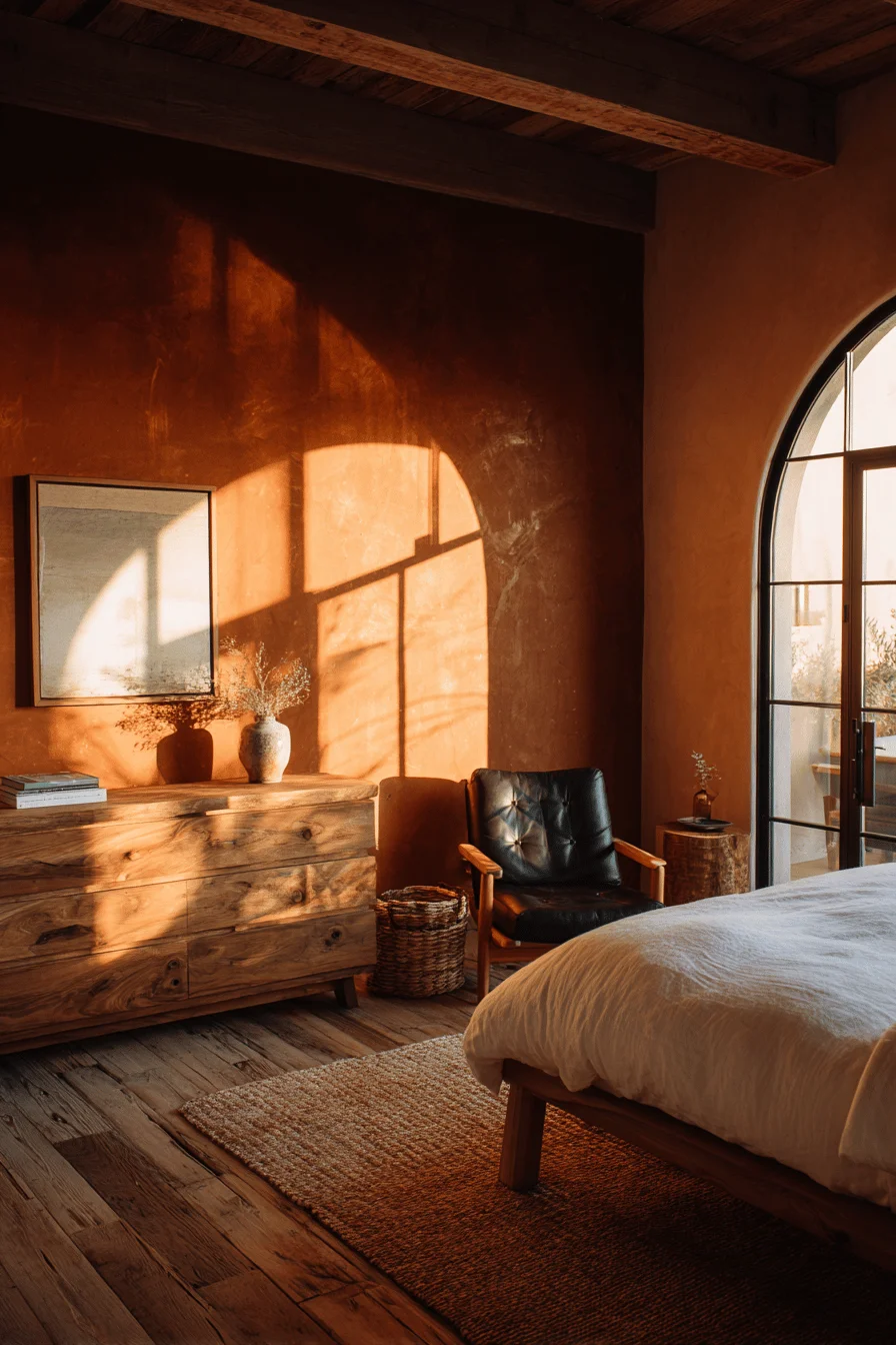 mexican bedroom aesthetic inspiration showing weathered wood floors with jute rug and leather chair