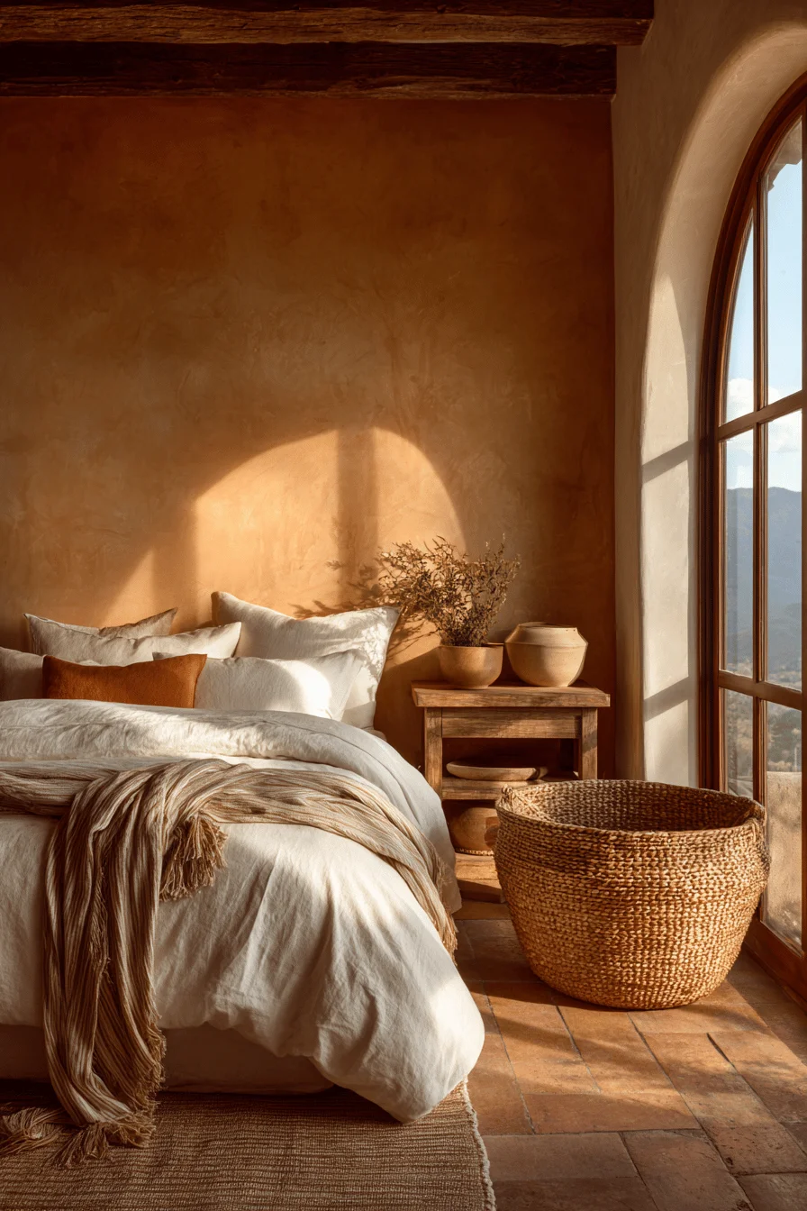 mexican bedroom aesthetics displaying oversized baskets terracotta and white color palette desert vibes