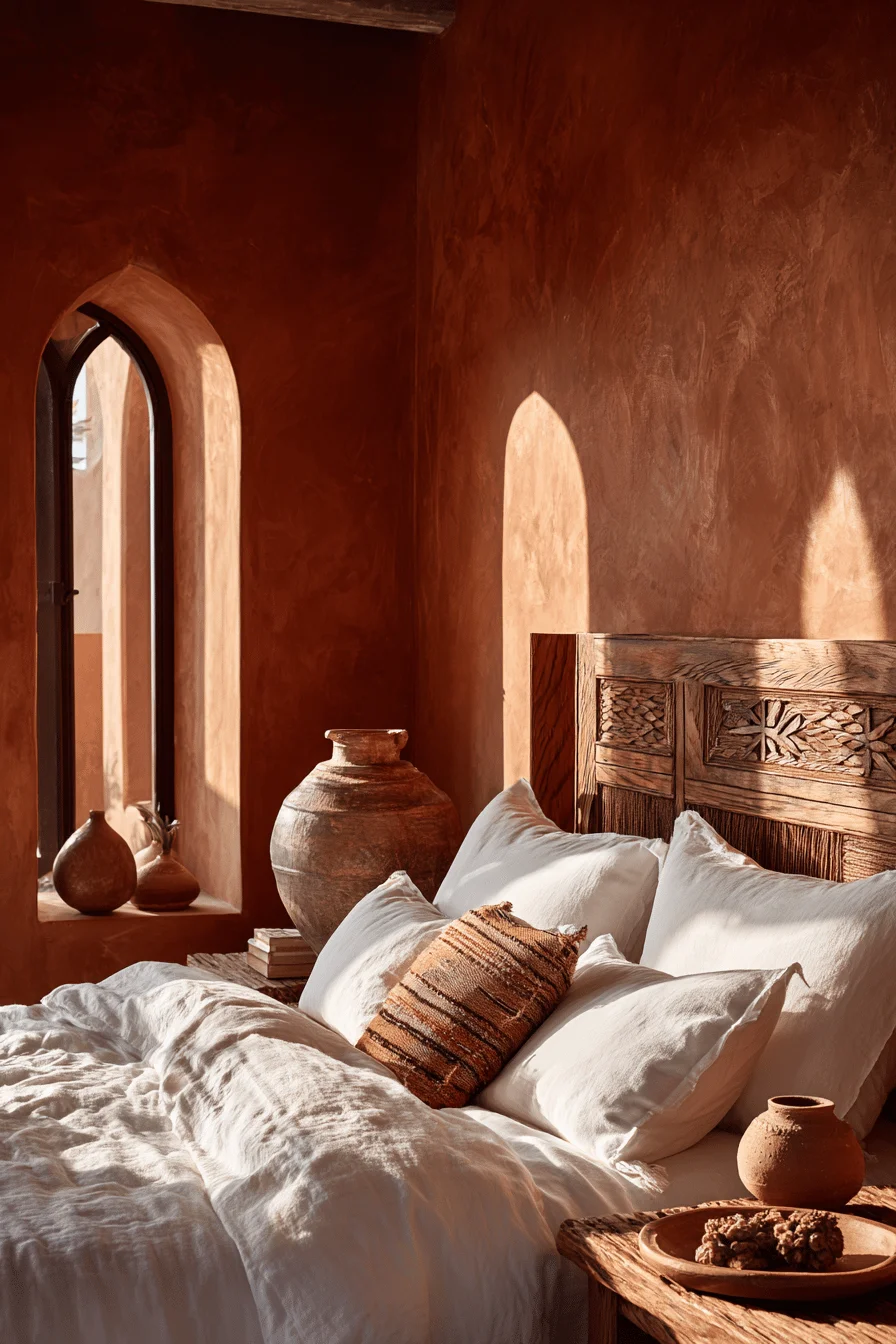 mexican bedroom aesthetics showing baja style decor with terracotta walls and white linens
