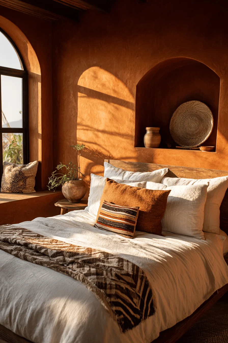 mexican bedroom decor ideas featuring terracotta accent wall with white bedding and carved headboard