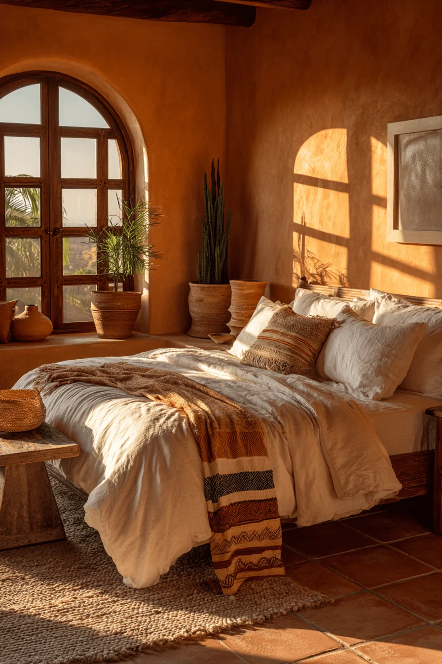 mexican bedroom designs showcasing natural wood furniture with handwoven textiles and arched window