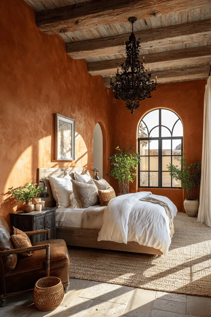 mexican bedroom ideas featuring ornate black wrought iron chandelier and warm terracotta accent wall