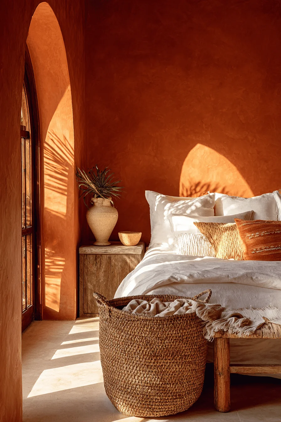 mexican bedroom ideas featuring terracotta walls woven basket storage white linens in sunlit space