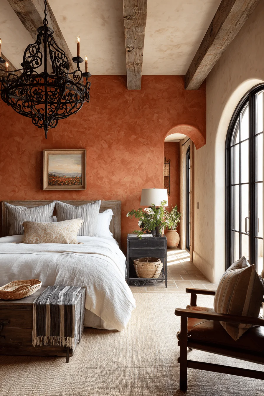 mexican bedroom inspiration showing textured jute rug aged leather chair and arched window