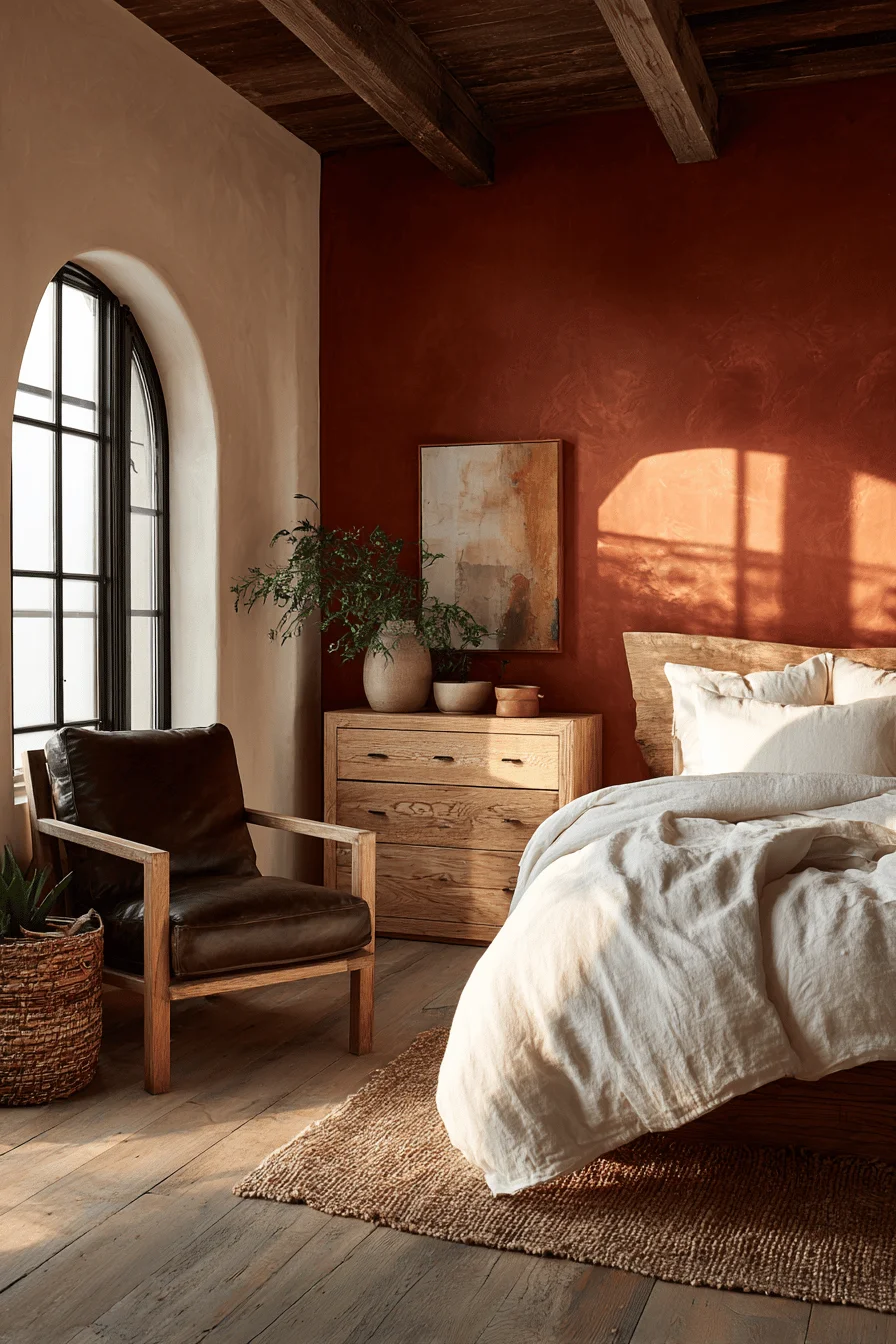 mexican boho bedroom design featuring live edge furniture details and arched window natural light