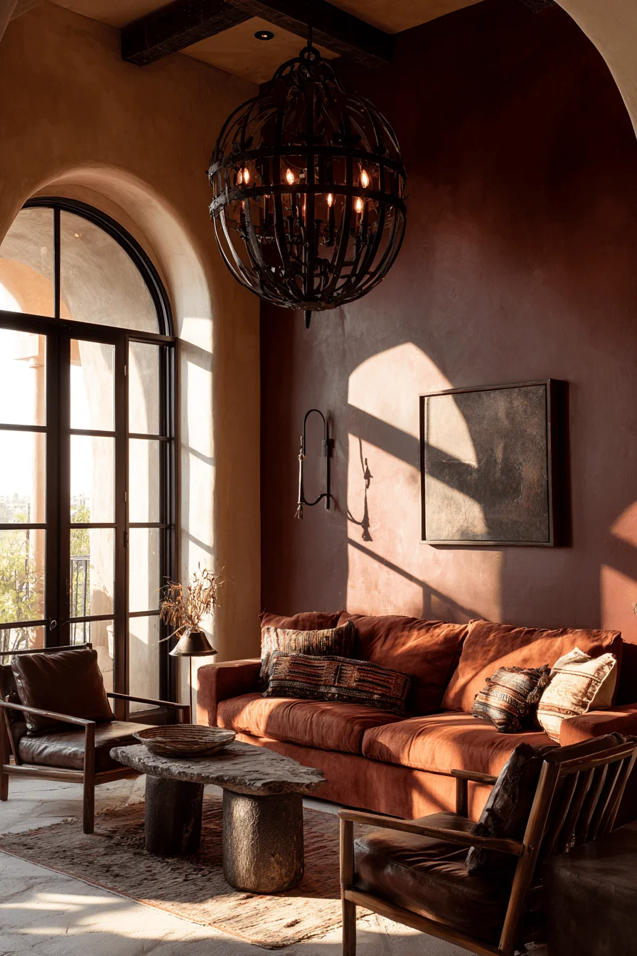 mexican decor living room ideas featuring oversized wrought iron chandelier and terracotta sofa with dramatic lighting