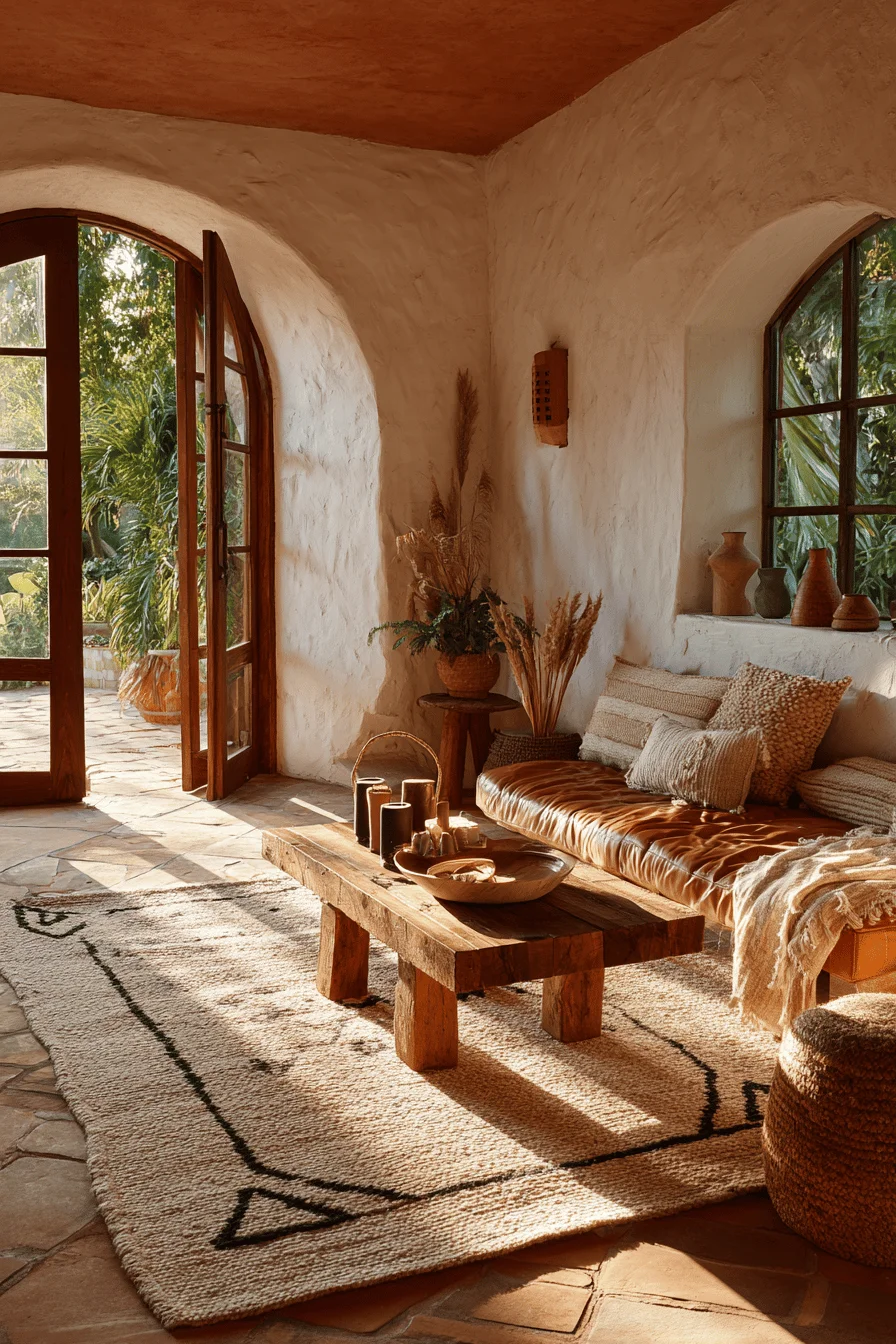mexican hacienda style living room designs with reclaimed wood coffee table and ceramic pottery accents