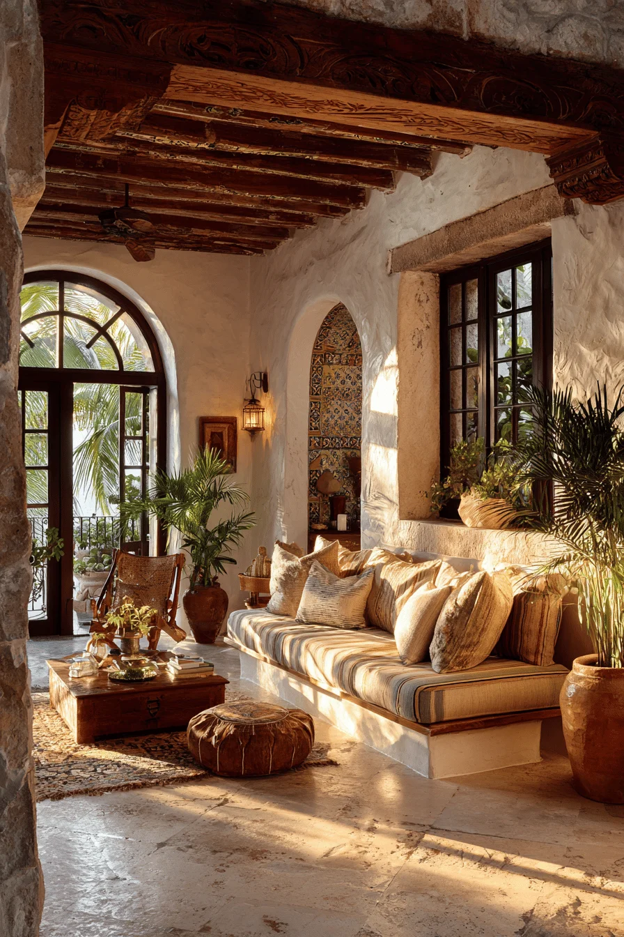 mexican home decor living room ideas featuring talavera tile wall and terracotta paint colors