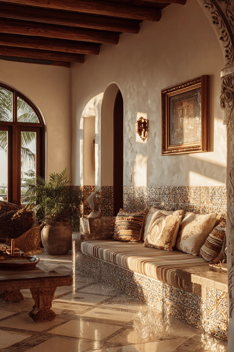 mexican home decor living room inspiration showing arched window with golden sunlight streaming through
