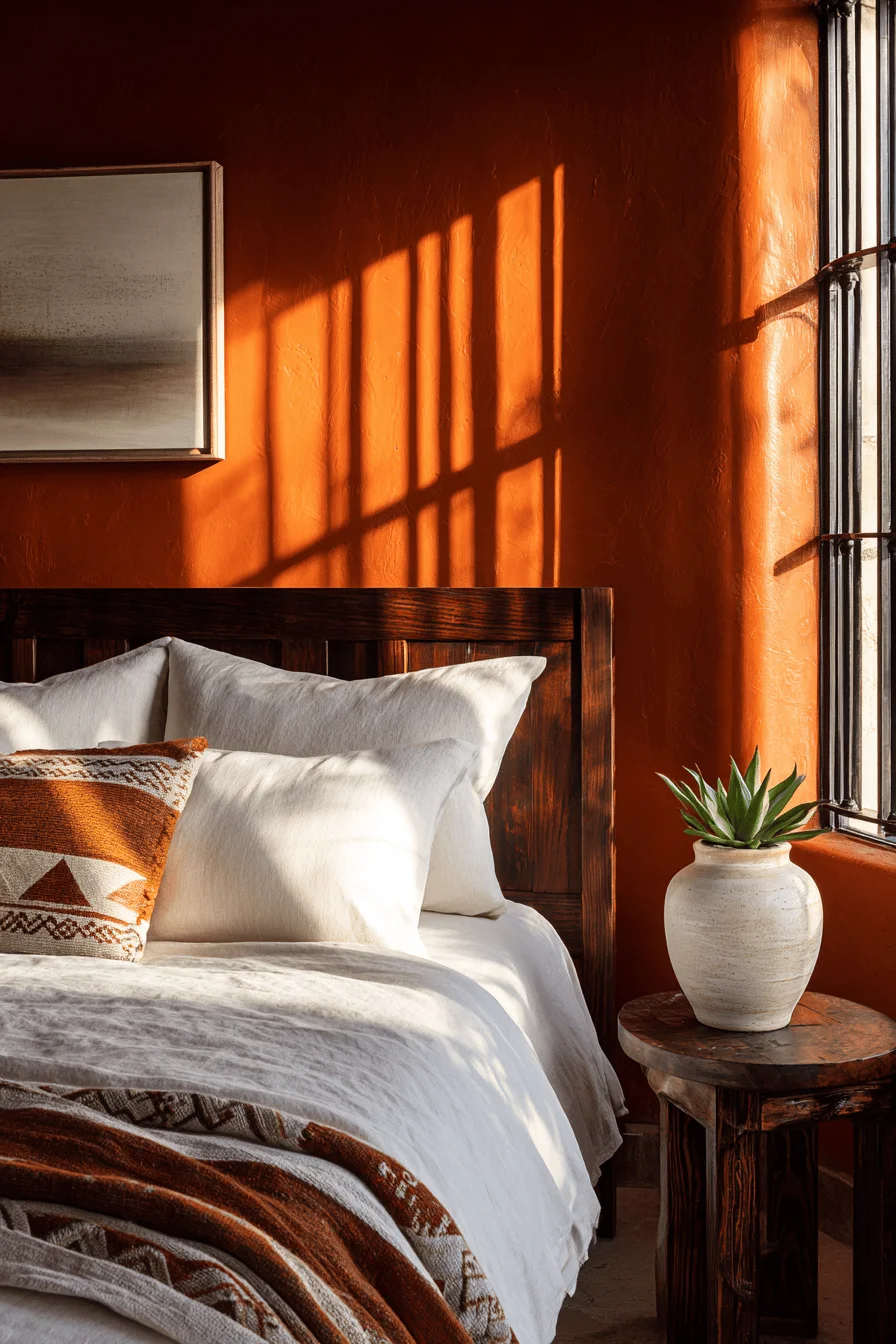 mexican inspired bedroom inspiration with geometric shadow patterns succulent decor and woven textile throws