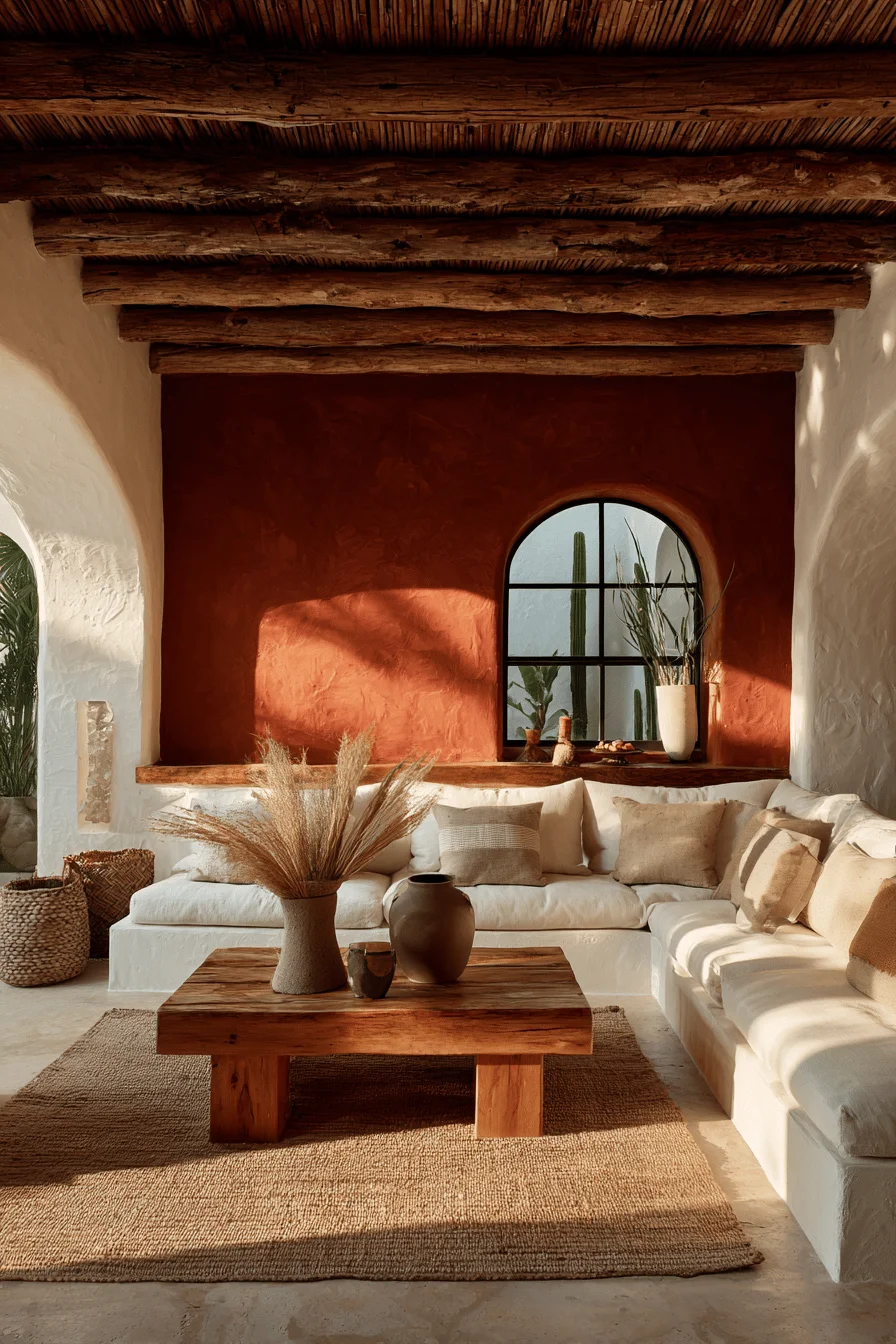 mexican inspired living room aesthetics displaying natural linen sectional sofa and ceramic vessel decor