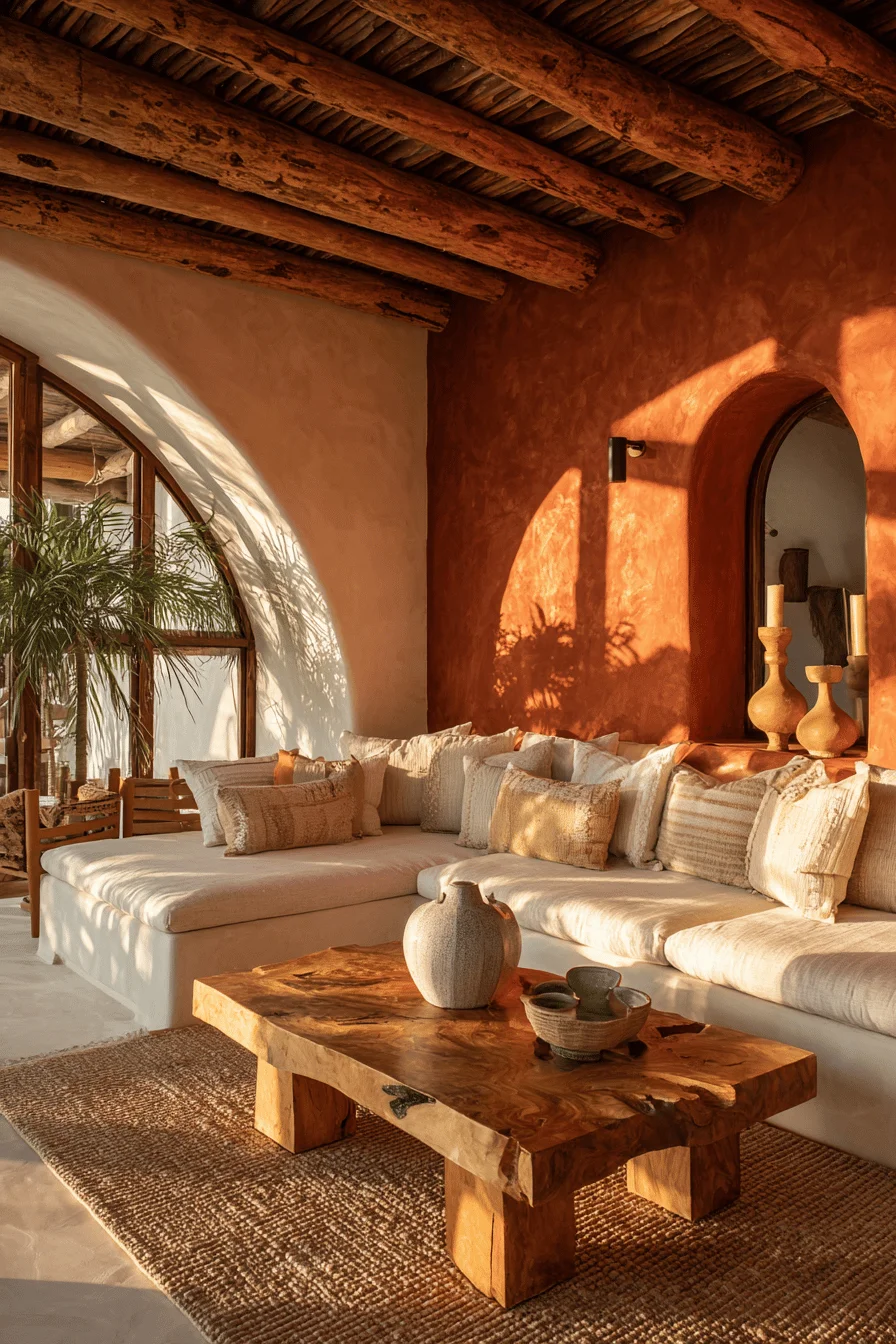 mexican inspired living room designs featuring arched windows carved wooden furniture and jute rug