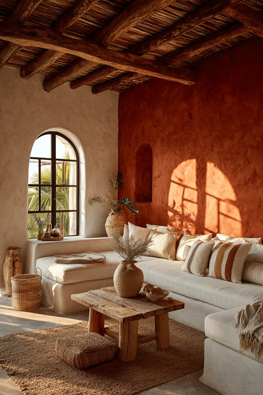 mexican inspired living room inspiration showing white stucco walls with golden hour sunlight streaming