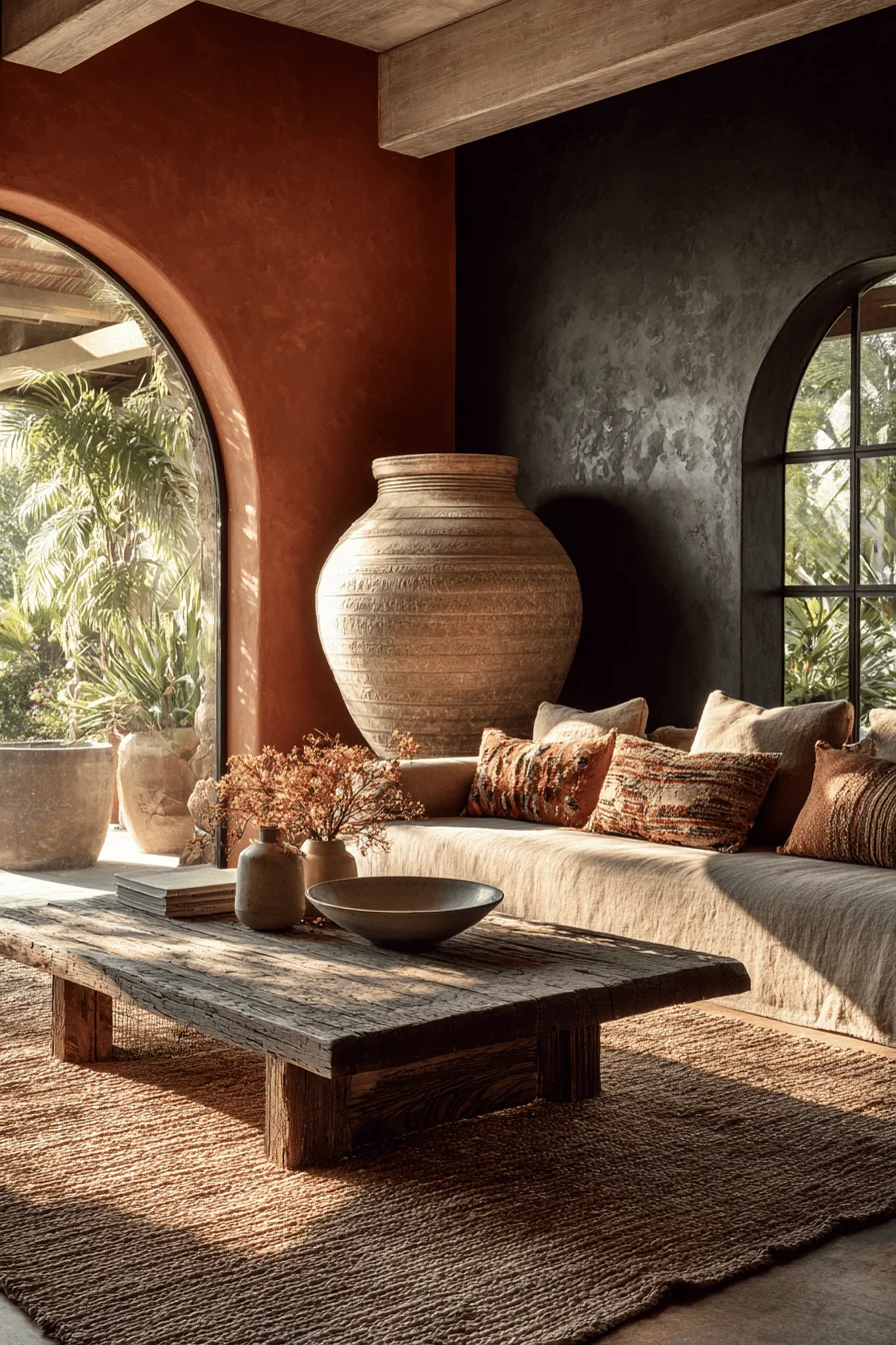 mexican interior design living room aesthetics displaying artisan ceramic bowl and golden hour lighting