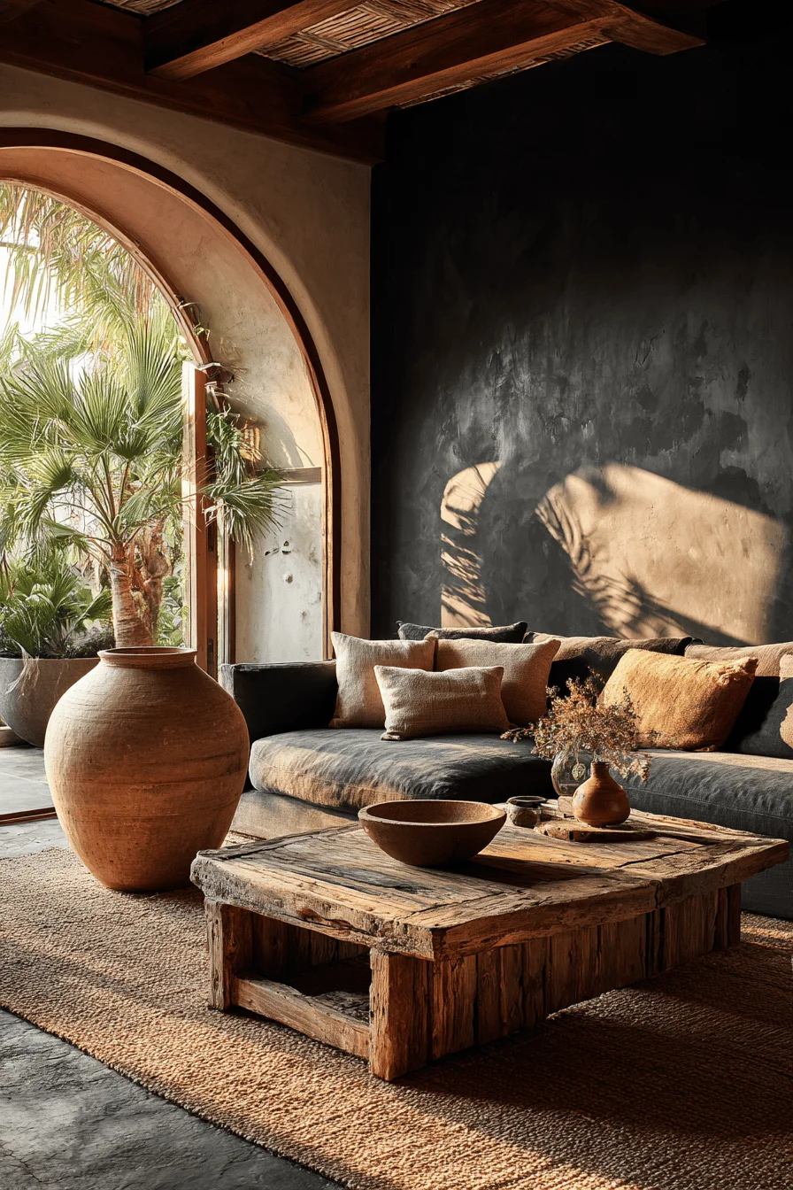 mexican interior design living room ideas featuring oversized clay pottery and charcoal accent wall