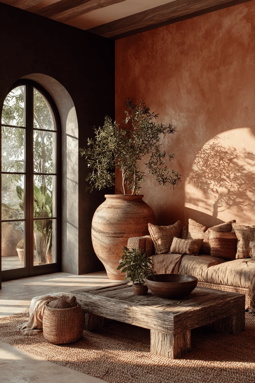 mexican interior design living room inspiration showcasing handwoven jute rug and arched window