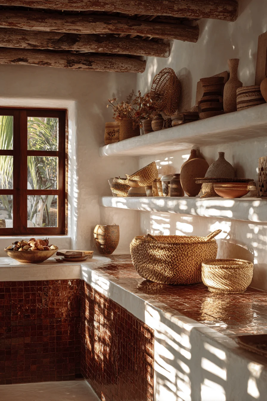 mexican kitchen aesthetics displaying handcrafted tiles rough hewn beams and artisanal ceramic storage pieces