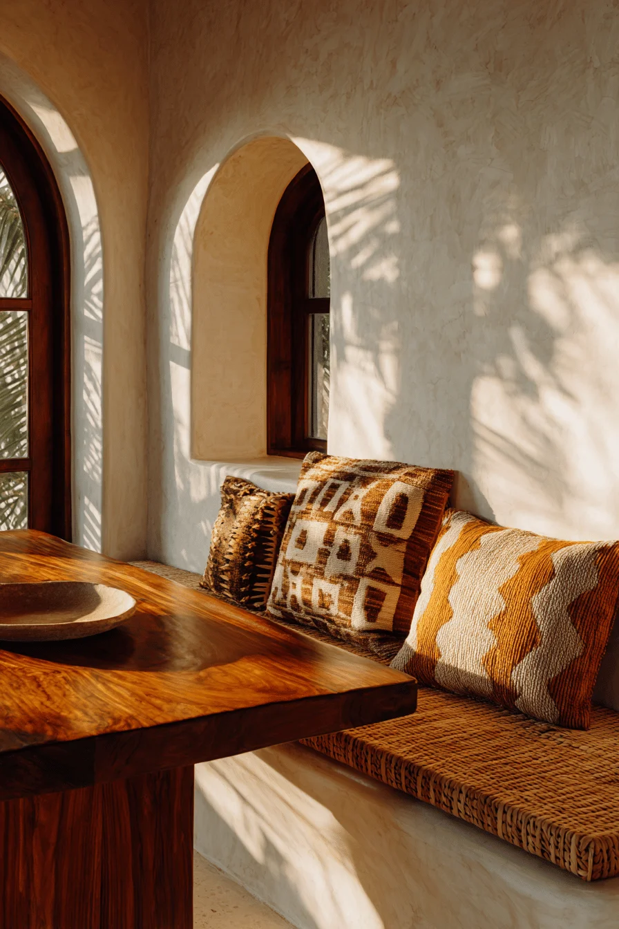 mexican kitchen aesthetics displaying rich walnut grain table against terracotta and white color palette