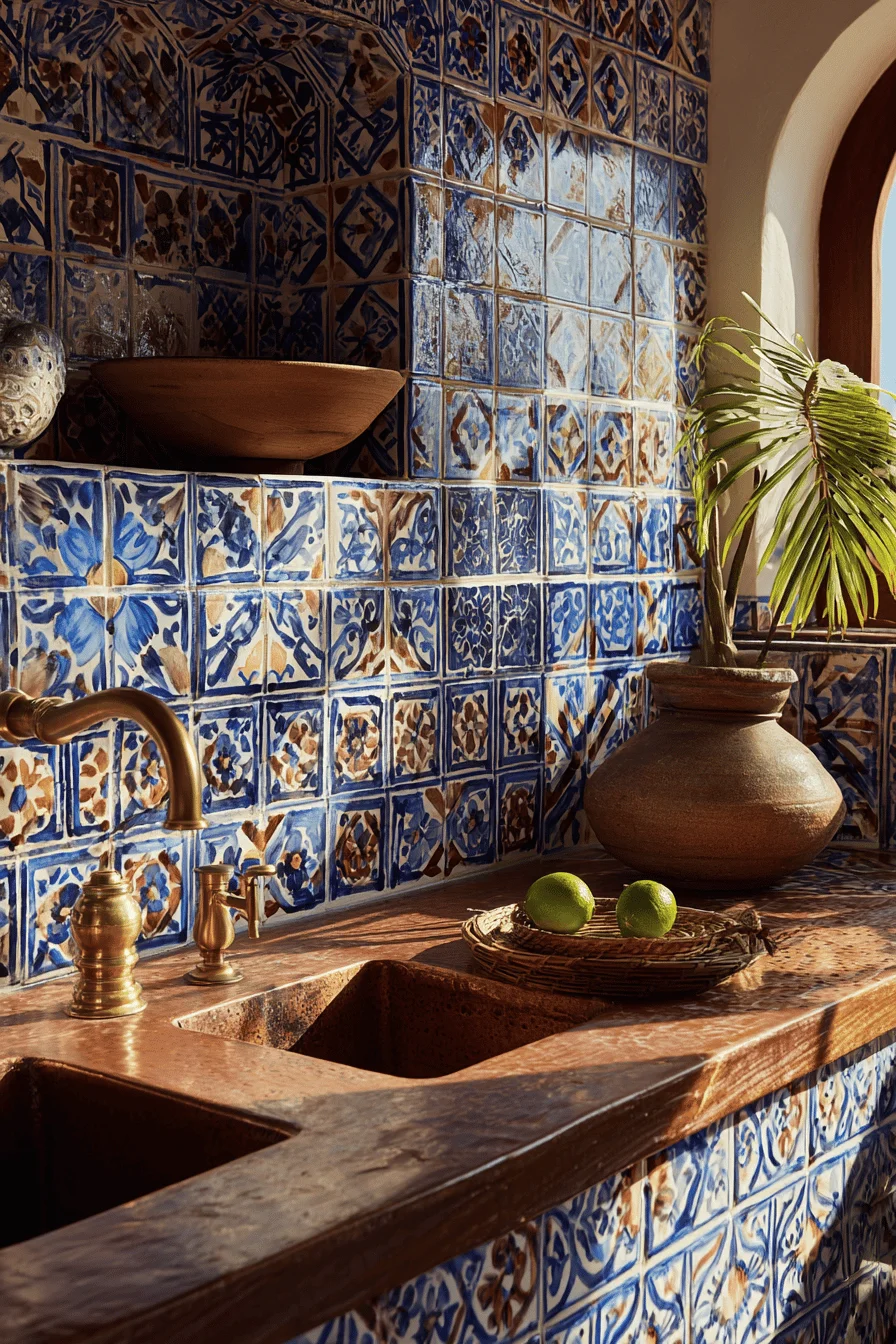 mexican kitchen aesthetics with hand crafted ceramic tiles palm basket earthenware pottery and dramatic window lighting