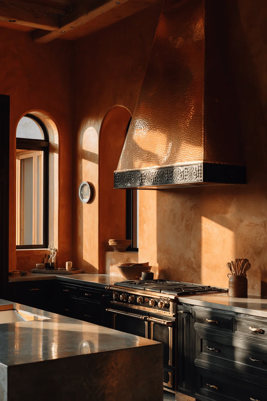 mexican kitchen decor ideas featuring copper range hood with black cabinets and terracotta walls