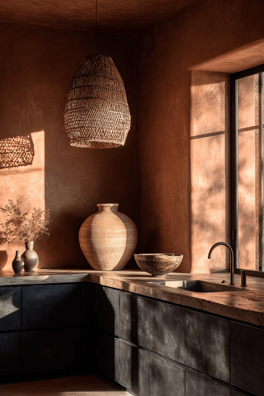 mexican kitchen decor modern ideas featuring clay walls and charcoal cabinetry with golden sunlight
