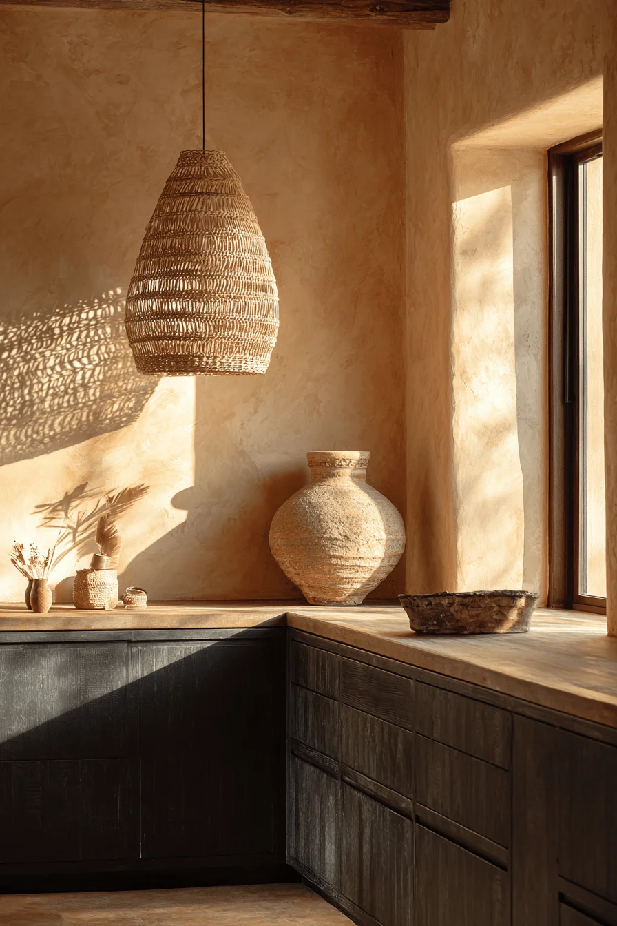 mexican kitchen decor modern inspiration with organic textures wood counters and woven pendant lighting