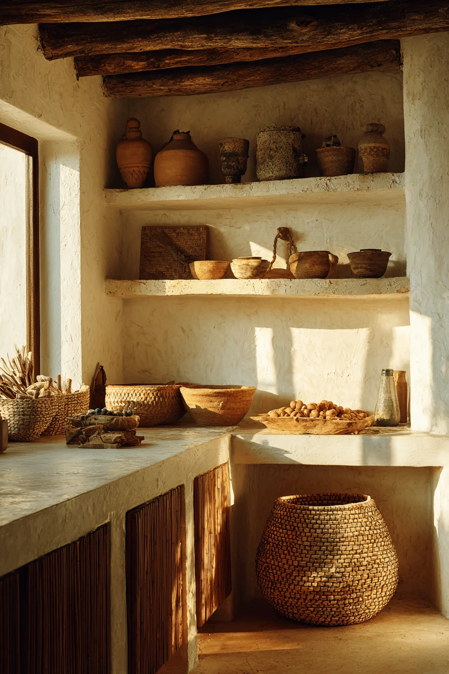 mexican kitchen designs showing ceramic tile backsplash with wooden beams and pottery display shelving