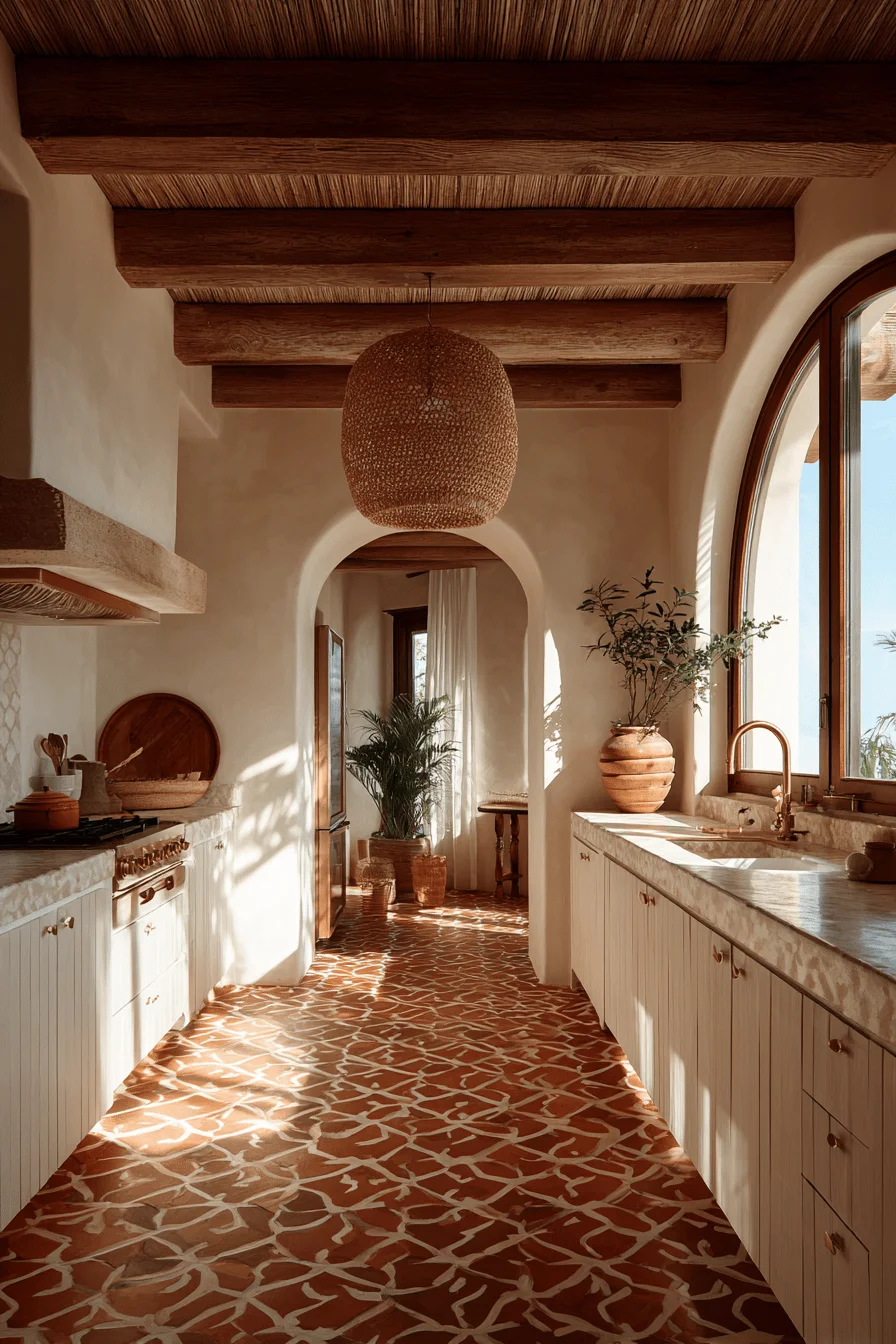 mexican kitchen designs with geometric tile flooring arched windows and woven pendant lighting creating hacienda aesthetic