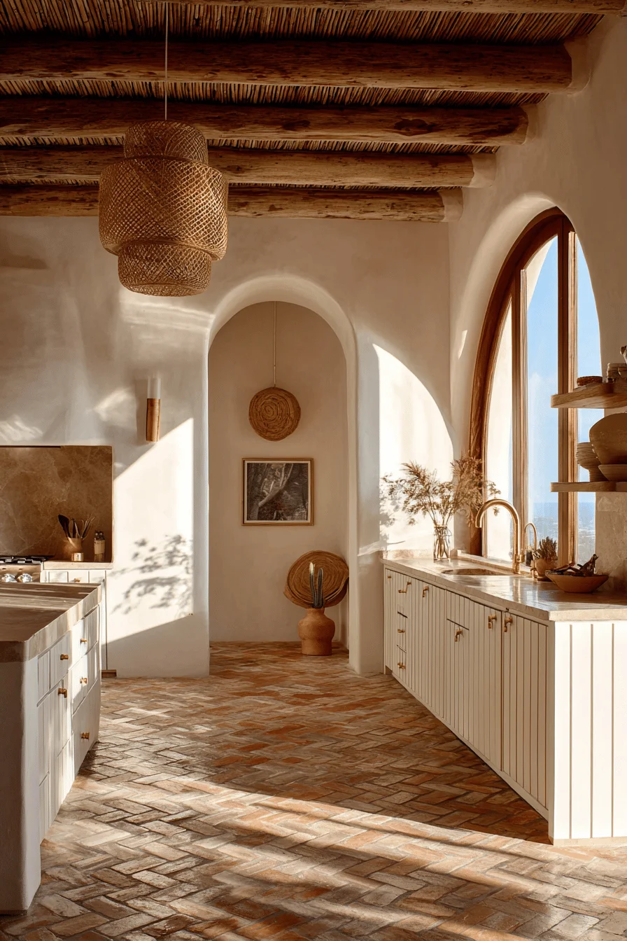 mexican kitchen ideas featuring terracotta floors white cabinets wooden beams and brass fixtures in modern design