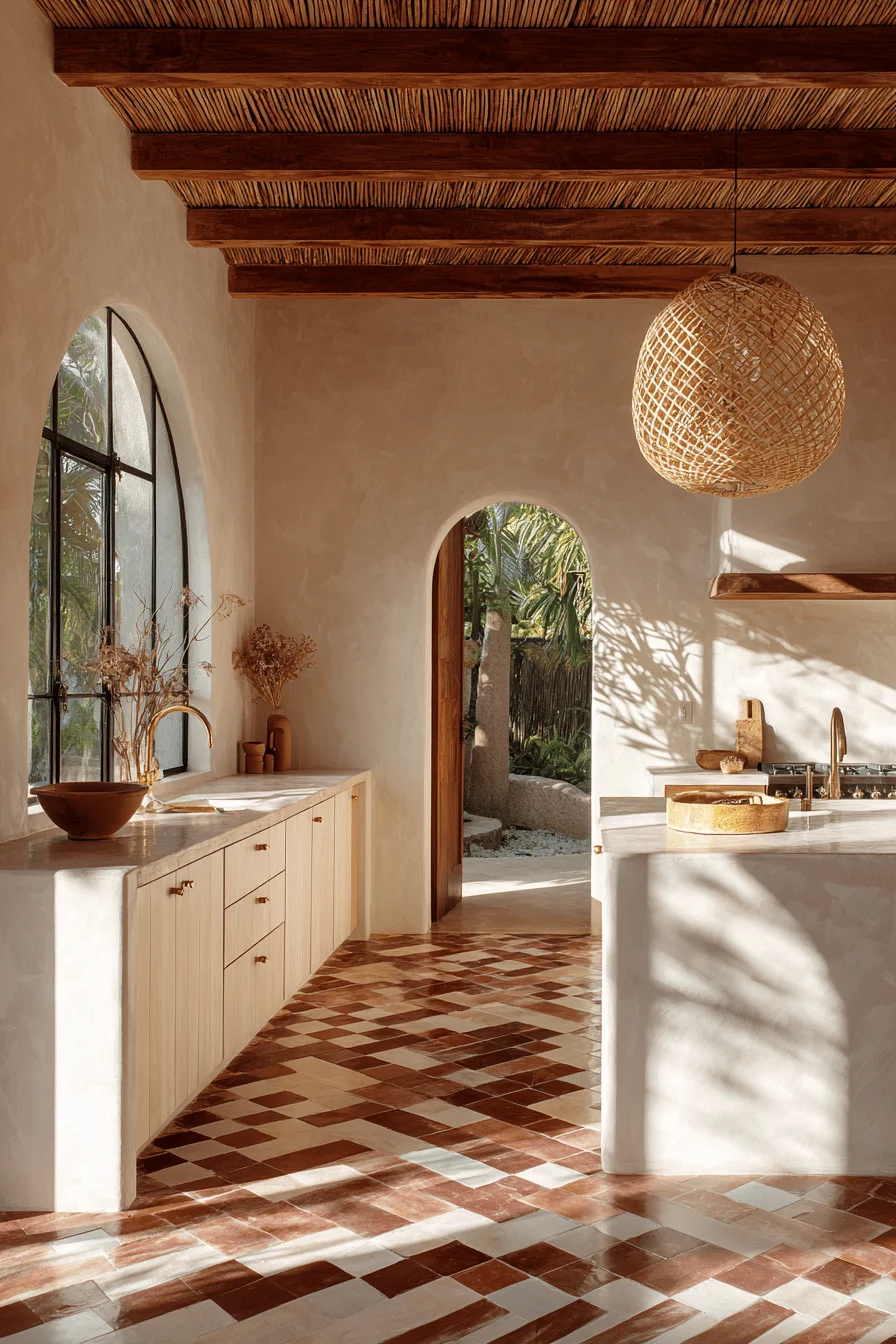 mexican kitchen inspiration showcasing terra cotta walls carved wood ceiling and golden hour sunlight streaming through