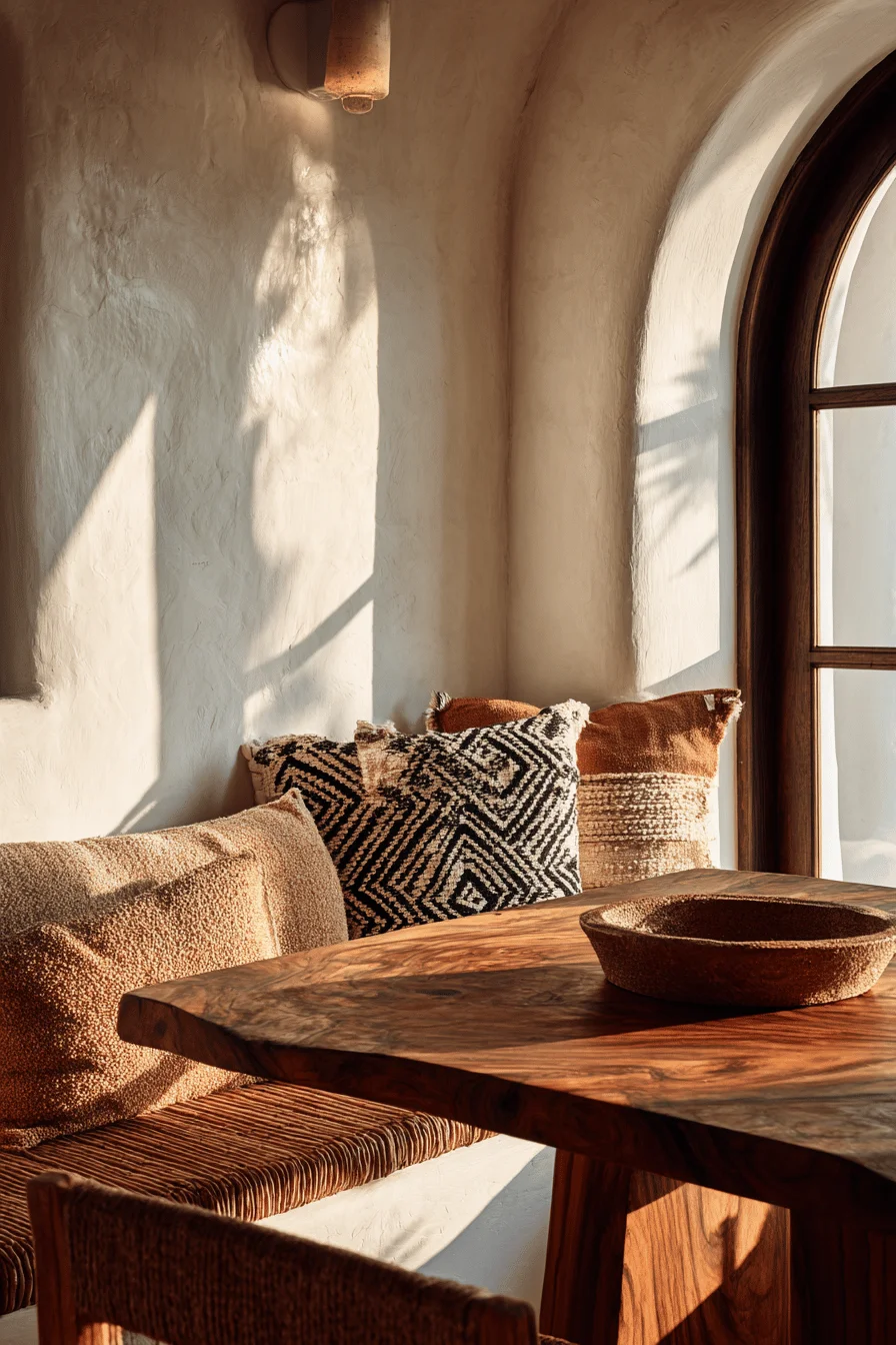 mexican kitchen inspiration with white stucco walls arched window and geometric patterned textiles throughout