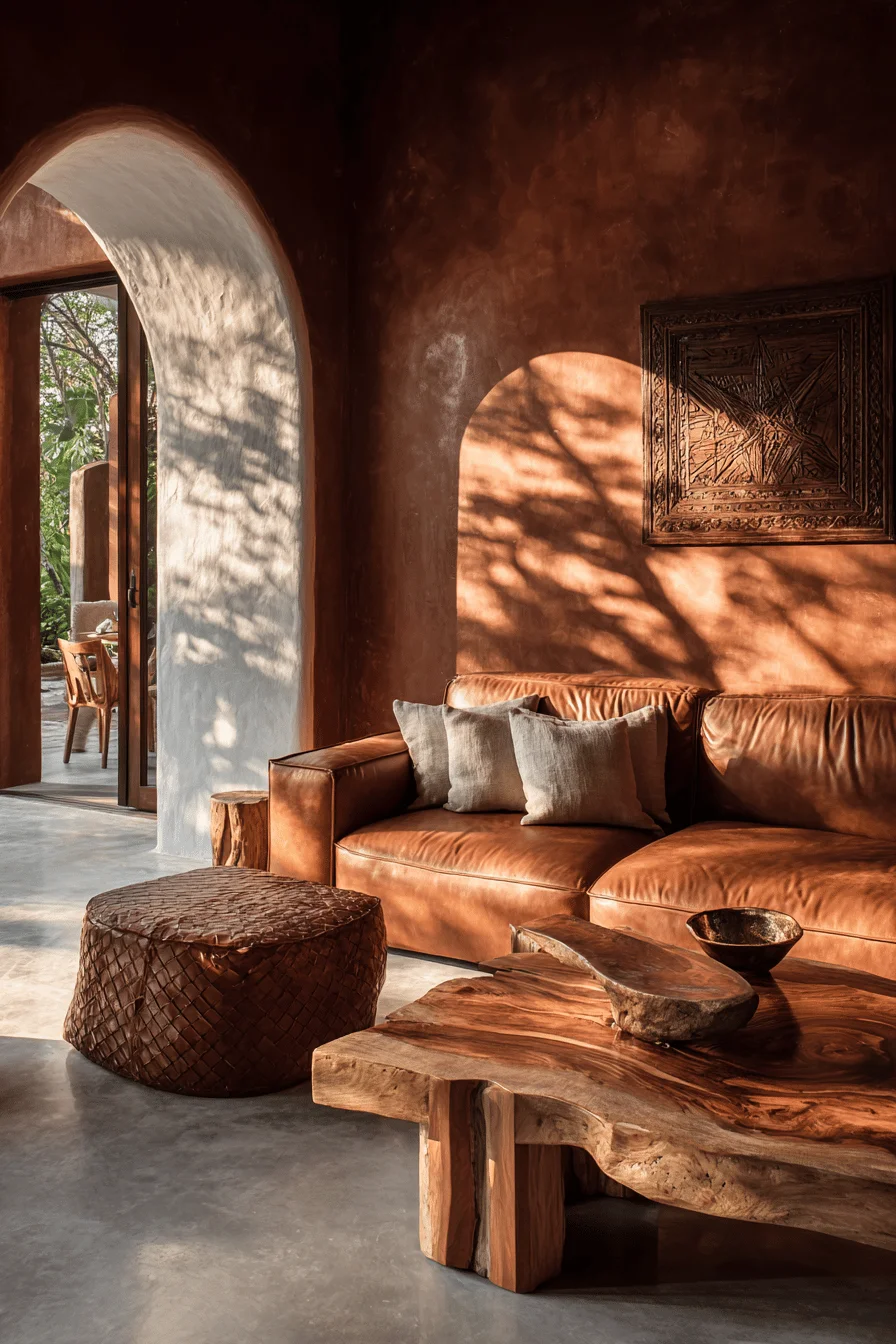 mexican living room aesthetics displaying carved wood furniture against deep terracotta wall colors