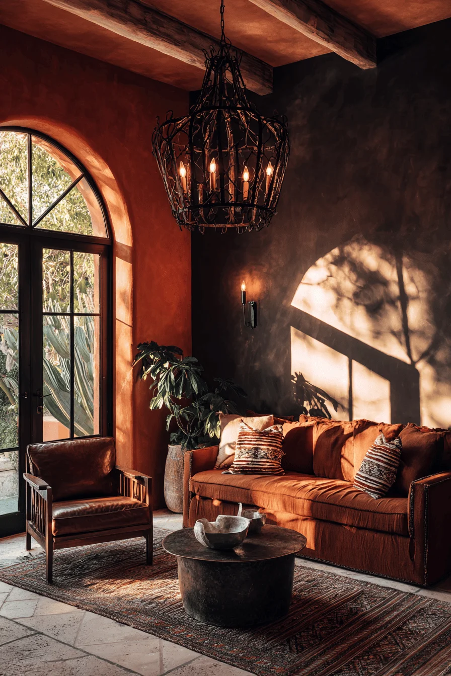 mexican living room aesthetics with hand forged metal details warm earth tones and authentic hacienda style elements