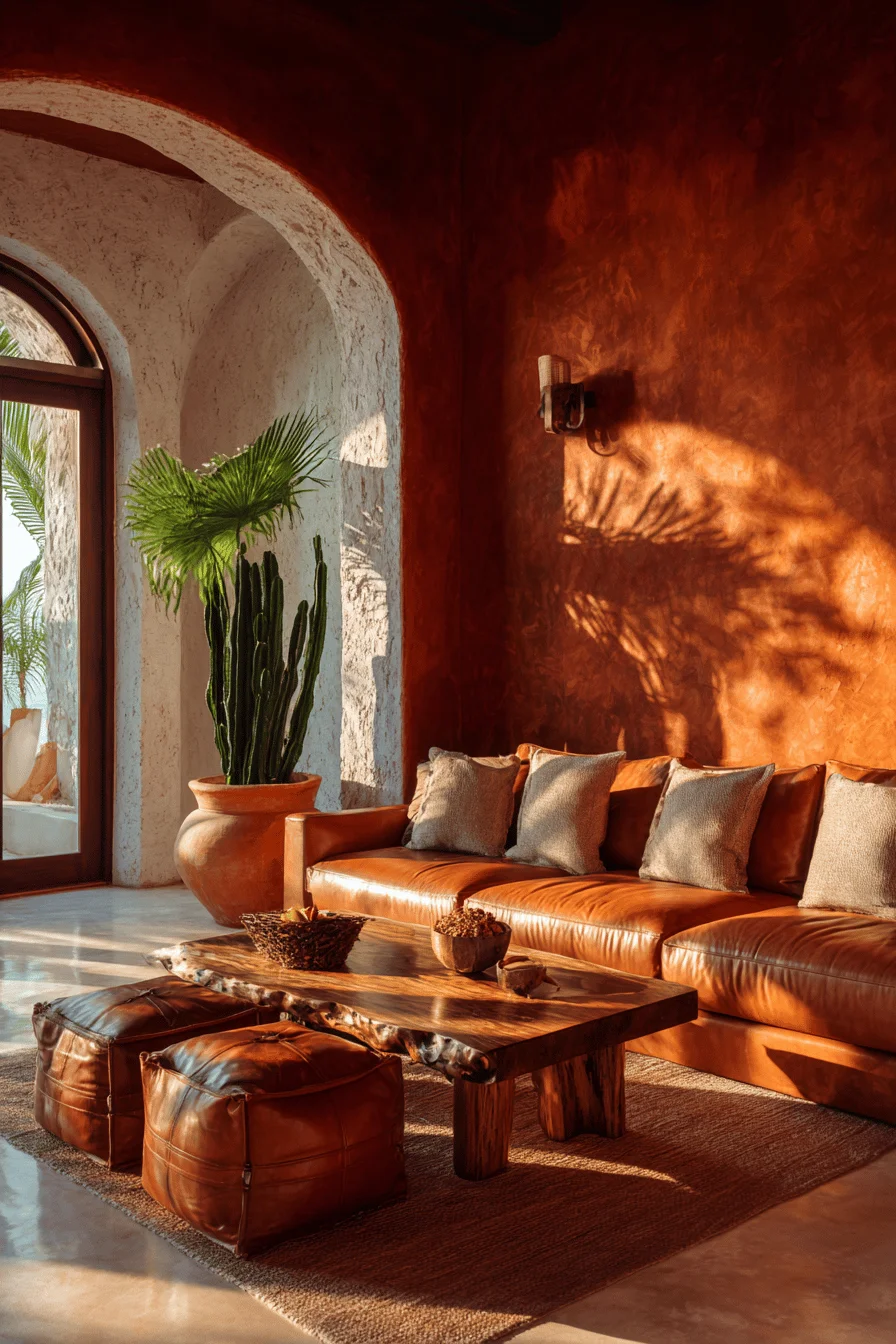 mexican living room designs showcasing mesquite wood coffee table and limestone accent walls