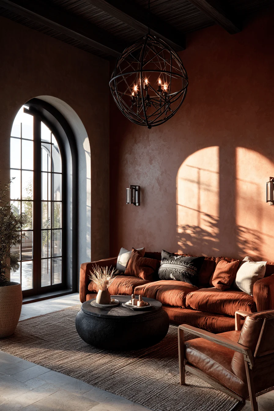 mexican living room designs with charcoal accent wall vintage leather chair and natural travertine flooring