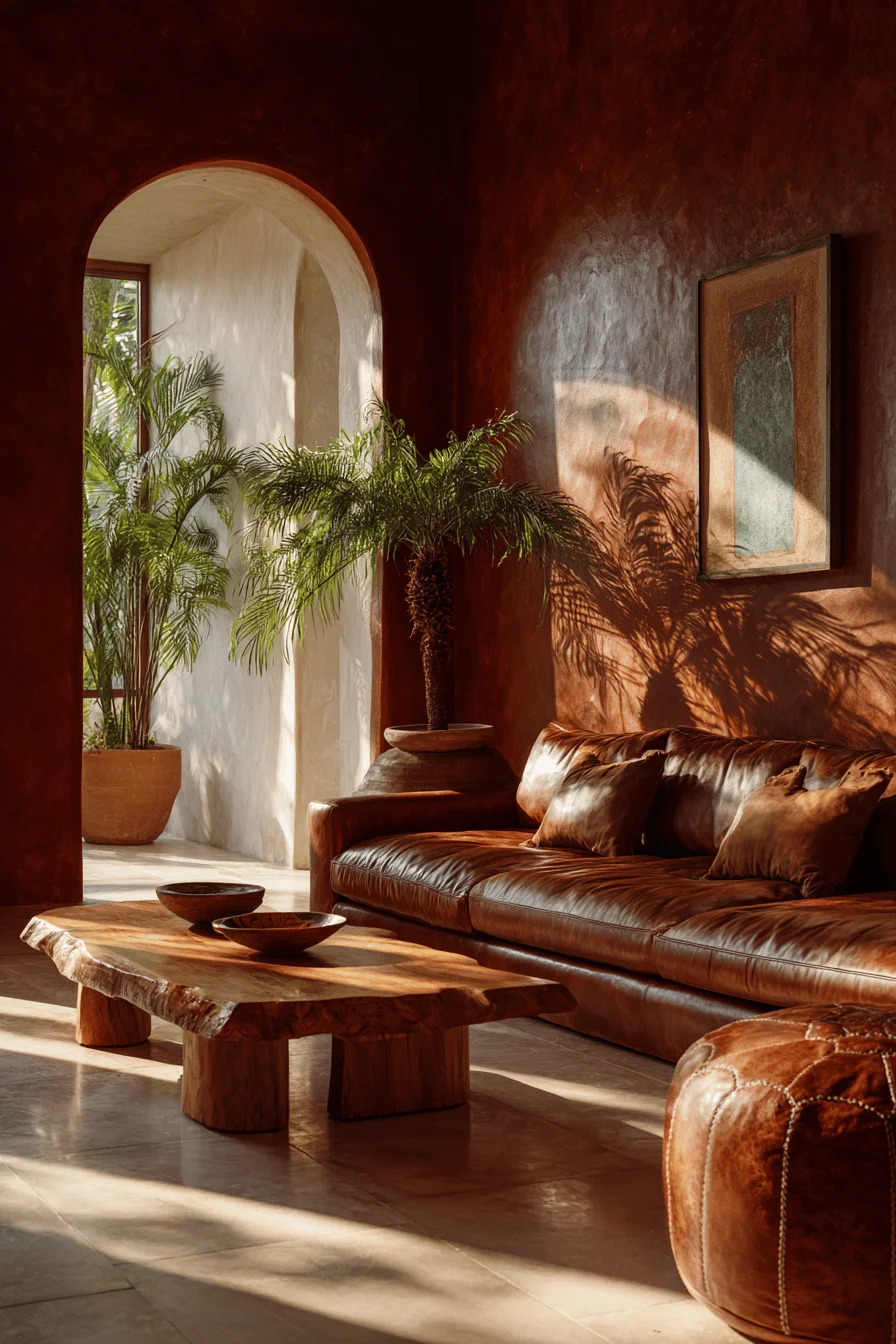mexican living room ideas featuring cognac leather sofa with terracotta walls and arched doorway