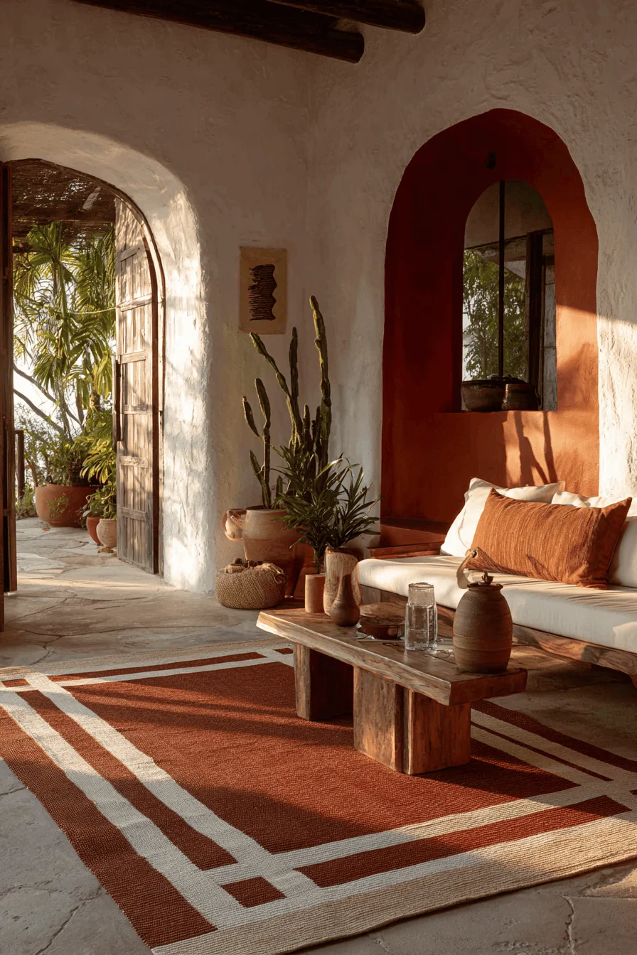 mexican living room inspiration showing arched doorway white stucco walls and handwoven textile details