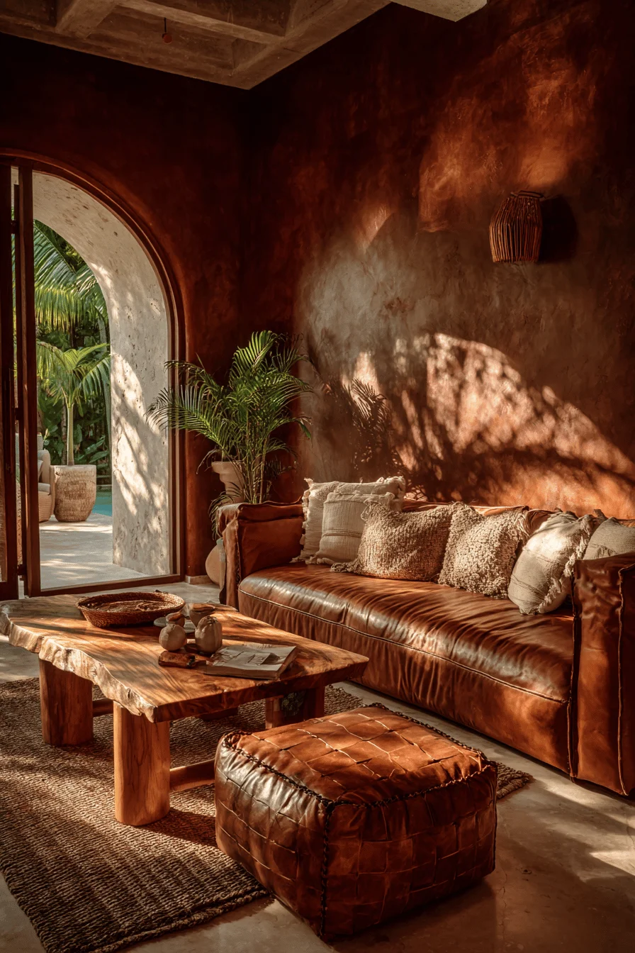 mexican living room inspiration with hand tooled leather ottoman and natural sunlight streaming