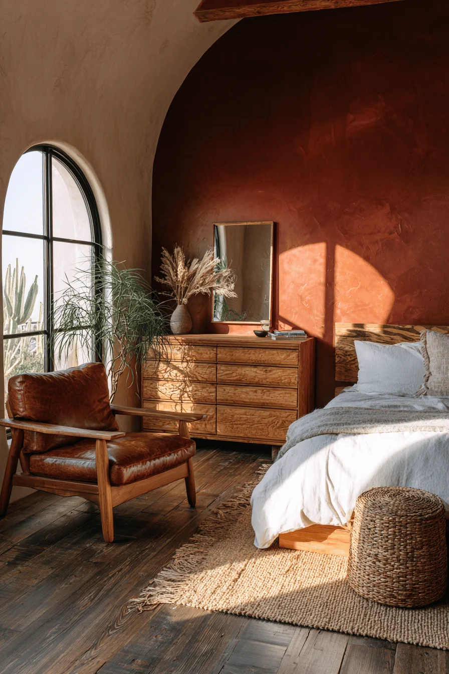 mexican modern bedroom ideas featuring natural wood dresser with terracotta walls and white bedding