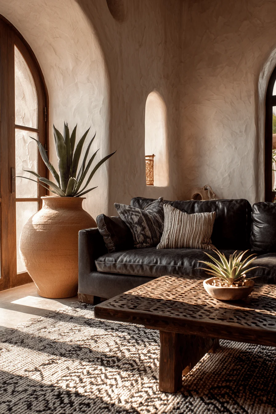 mexican modern living room aesthetics displaying agave plant and arched window with golden hour lighting
