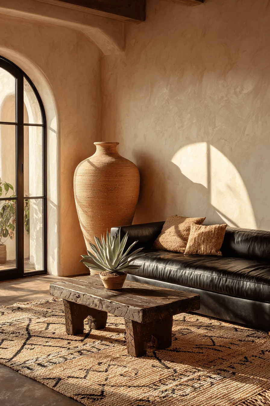 mexican modern living room ideas featuring charcoal leather sofa and terra cotta ceramic vase