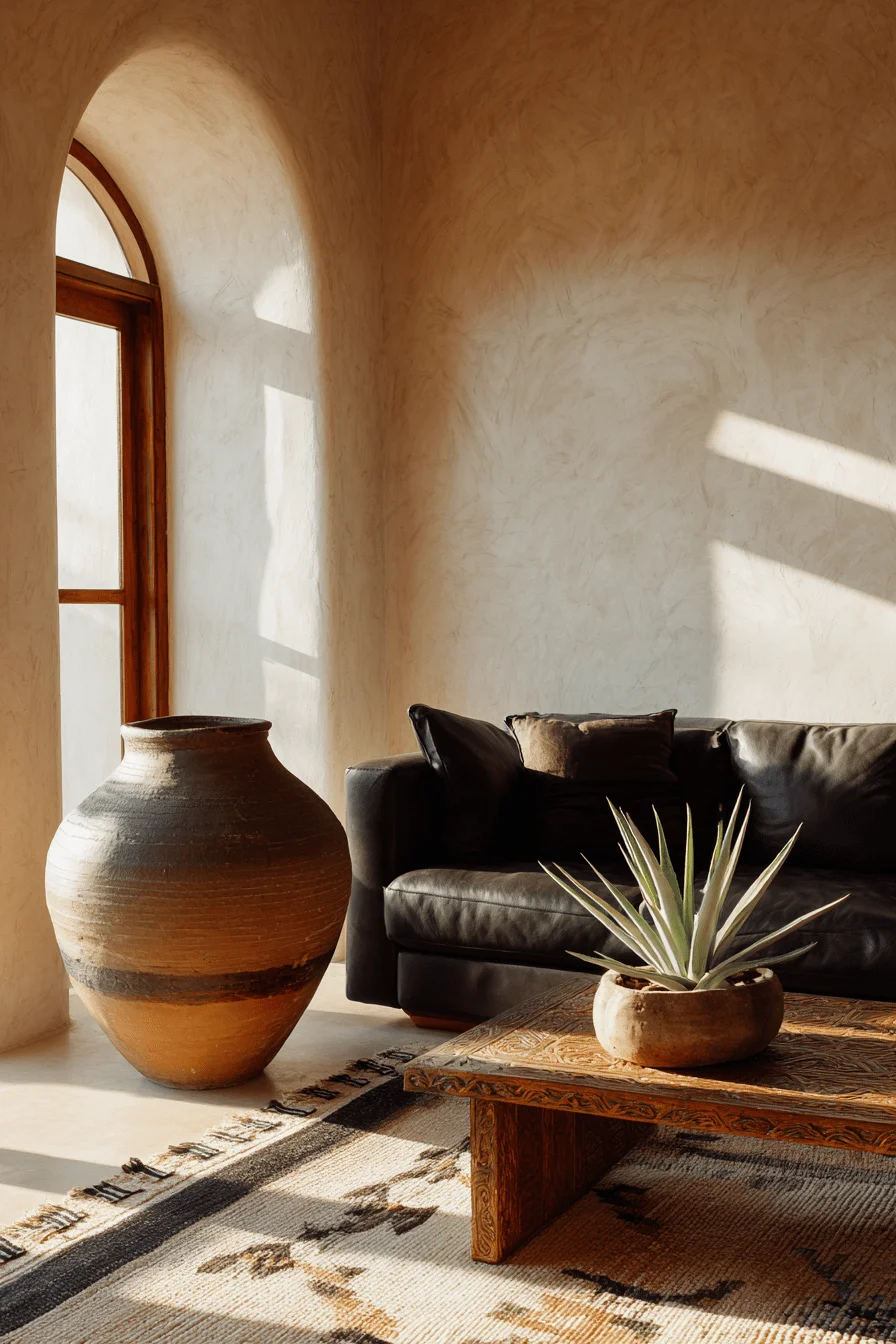 mexican modern living room inspiration showcasing cream stucco walls and geometric patterns in sunlight