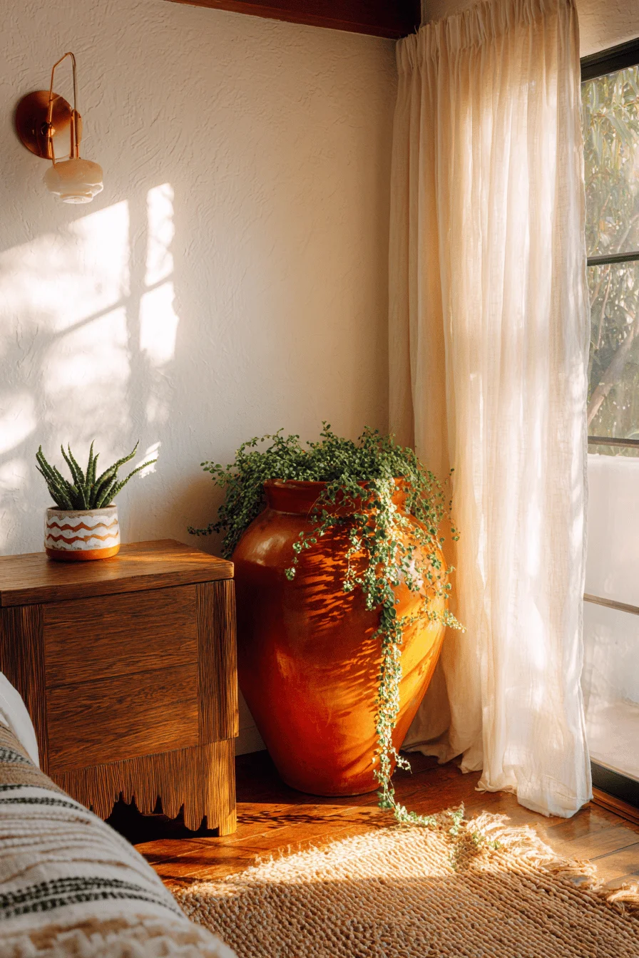 mexican style bedroom designs showcasing handwoven jute rug and carved mesquite nightstand in golden hour light