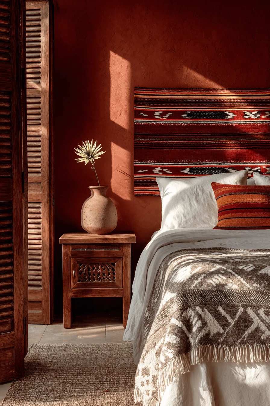 mexican style bedroom designs with handwoven textiles carved wood nightstand and desert bloom