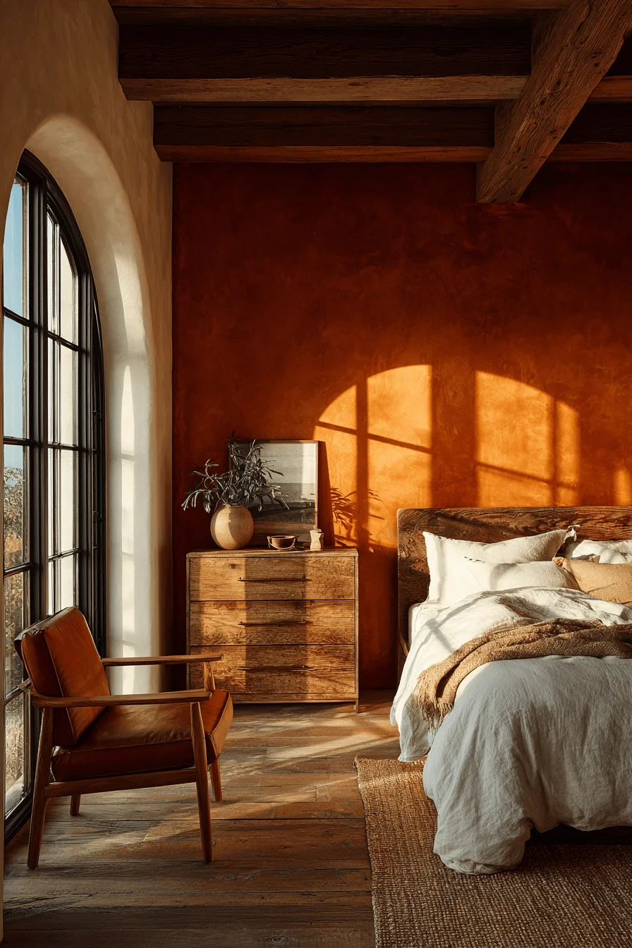 mexican style bedroom designs with reclaimed mesquite headboard and golden hour window lighting