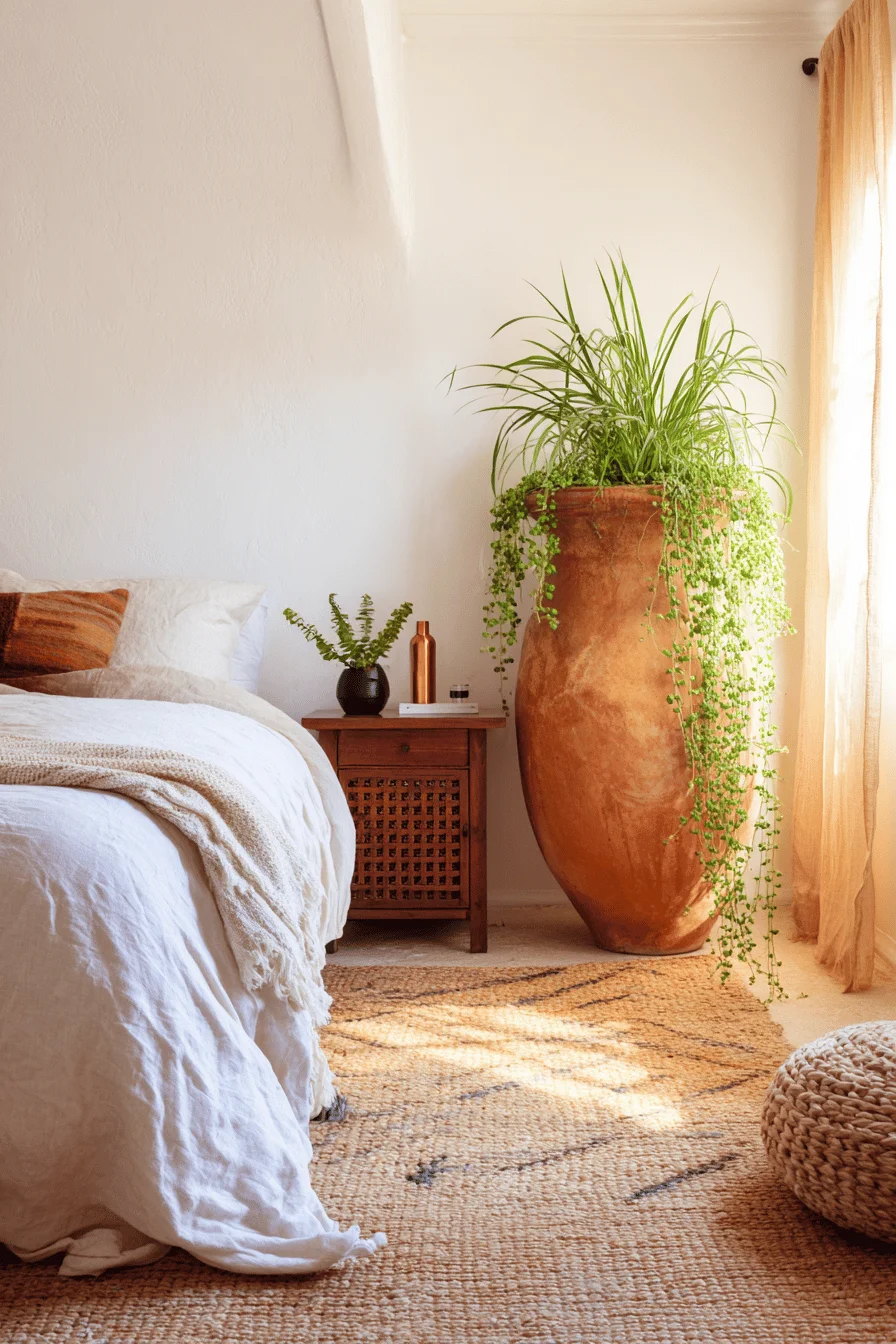 mexican style bedroom ideas featuring oversized ceramic planter with succulents and terracotta accents against white wall