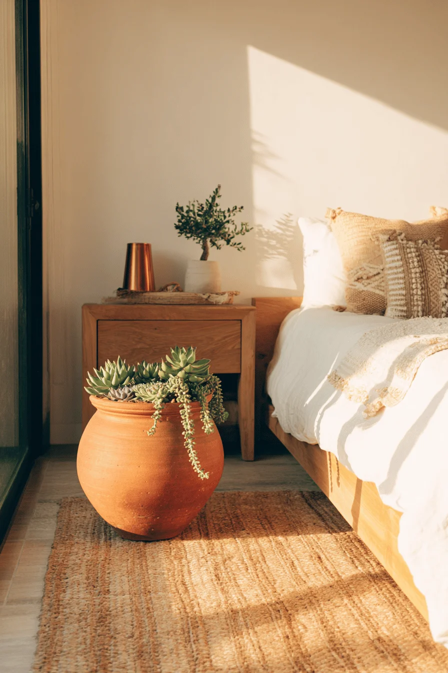 mexican style bedroom inspiration with trailing succulent in ceramic planter and brushed copper accent details