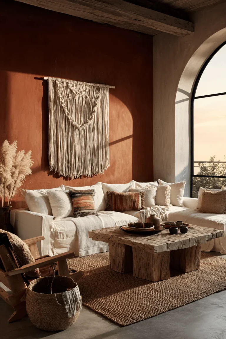 mexican style living room aesthetics showing handwoven textiles aged leather crisp white accents warm lighting