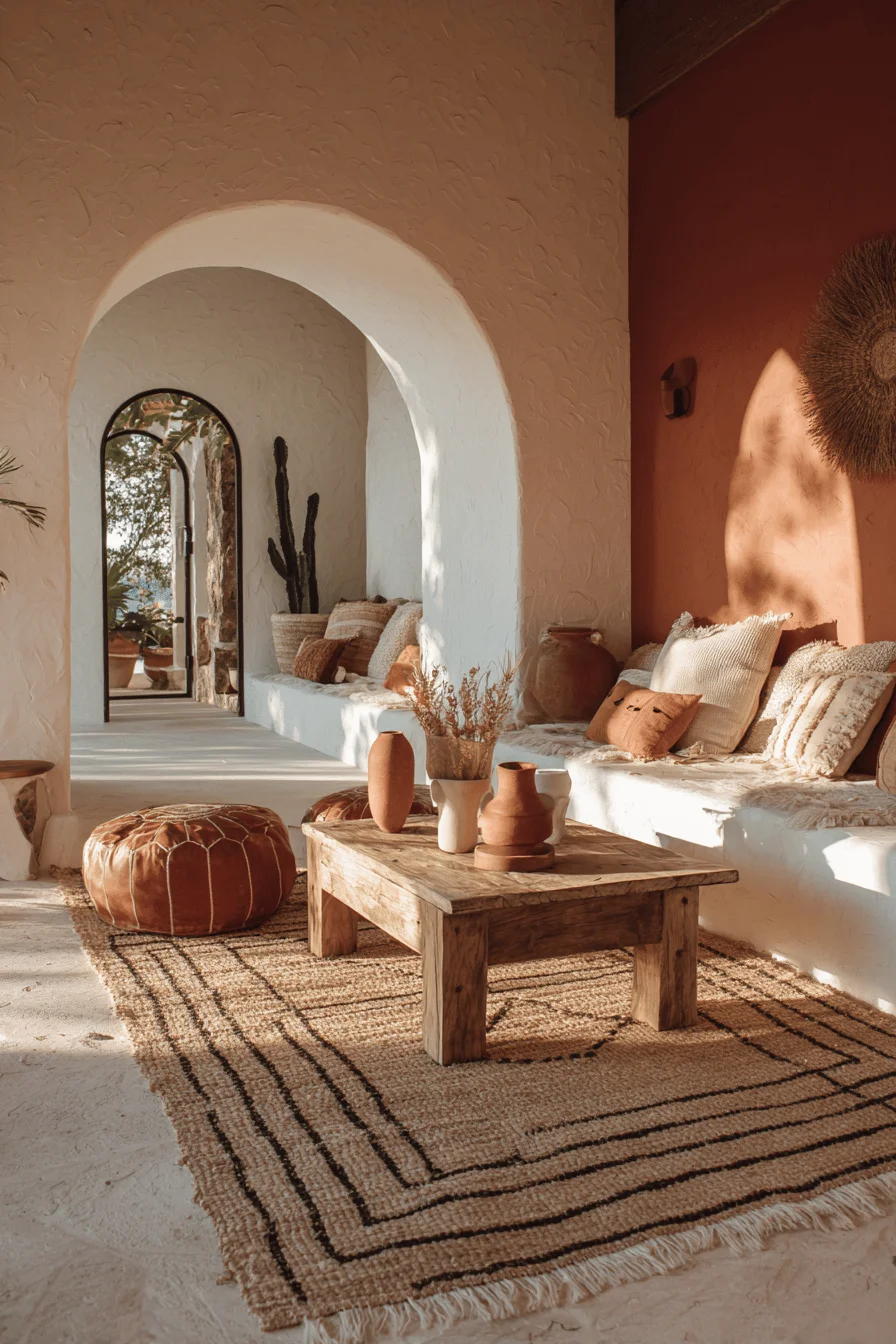 mexican style living room aesthetics with organic cotton pillows golden hour lighting and rustic elements